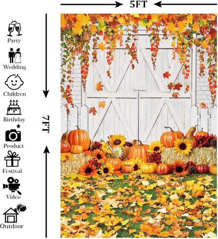 10x8ft Fall Thanksgiving Backdrop Autumn Rustic Wooden White Door Harvest Barn Pumpkin Maple Leaves Photography Background for Baby Shower Birthday Party Decorations Banner Photo Props in Kuwait