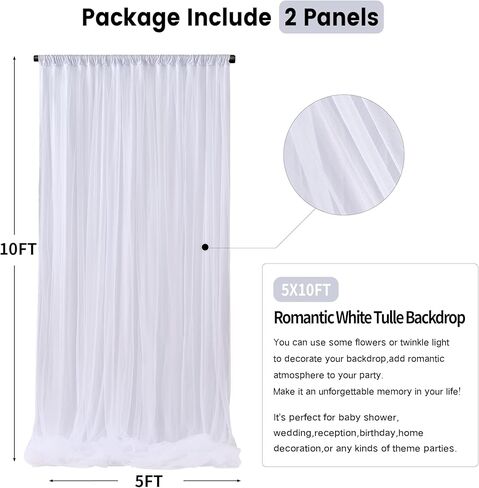 20ftx10ft White Tulle Backdrop Curtains for Baby Shower Parties Wedding,2 Layer Sheer Photo Drape Backdrop for Photography Props, 4Panles 5ftx10ft in Kuwait