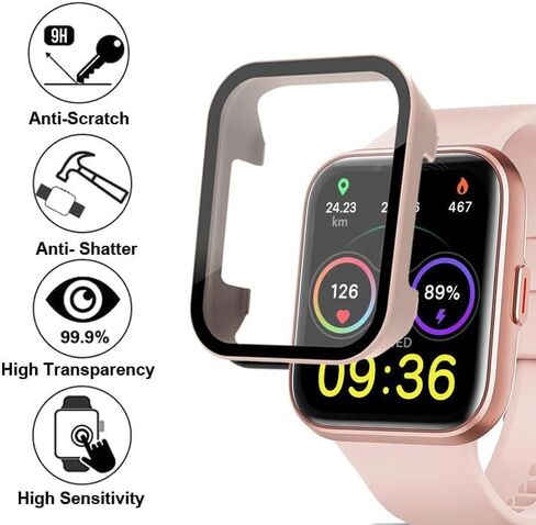 حافظات الساعة المتوافقة مع ساعة ENOMIR Veryfit الذكية ID208 مقاس 1.69 بوصة، حافظة صلبة من البولي كربونات مع واقي شاشة من الزجاج المقوى، وردي in Kuwait