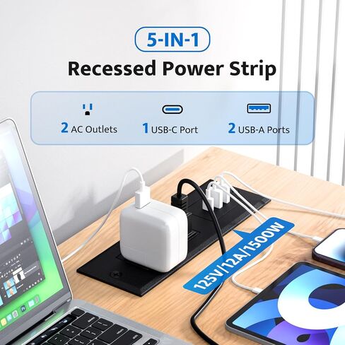 شريط طاقة مجوف مع 2 منافذ تيار متردد و3 منافذ USB، ومنفذ مكتب مثبت على الأثاث للشحن السريع، ومنفذ مخفي لطاولة المؤتمرات، ومنضدة، أسود، 6 أقدام. in Kuwait