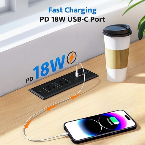 شريط طاقة مجوف مع 2 منافذ تيار متردد و3 منافذ USB، ومنفذ مكتب مثبت على الأثاث للشحن السريع، ومنفذ مخفي لطاولة المؤتمرات، ومنضدة، أسود، 6 أقدام. in Kuwait