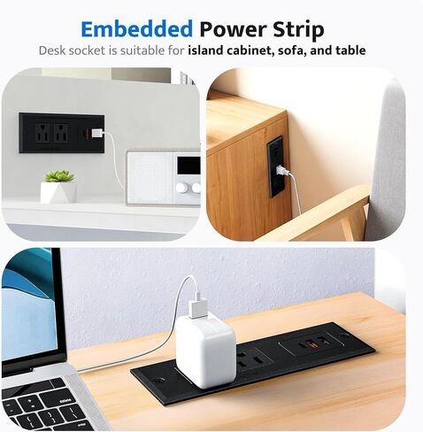 شريط طاقة مجوف مع 2 منافذ تيار متردد و3 منافذ USB، ومنفذ مكتب مثبت على الأثاث للشحن السريع، ومنفذ مخفي لطاولة المؤتمرات، ومنضدة، أسود، 6 أقدام. in Kuwait