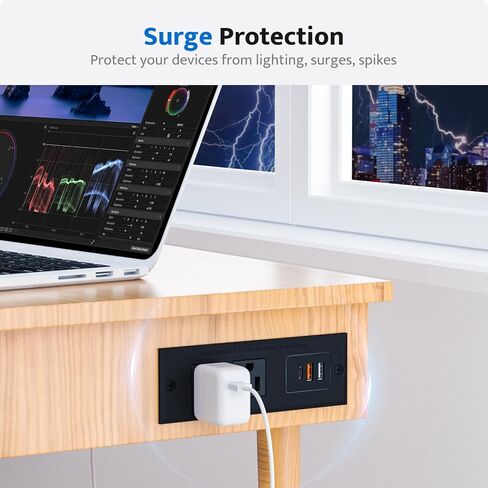 شريط طاقة مجوف مع 2 منافذ تيار متردد و3 منافذ USB، ومنفذ مكتب مثبت على الأثاث للشحن السريع، ومنفذ مخفي لطاولة المؤتمرات، ومنضدة، أسود، 6 أقدام. in Kuwait