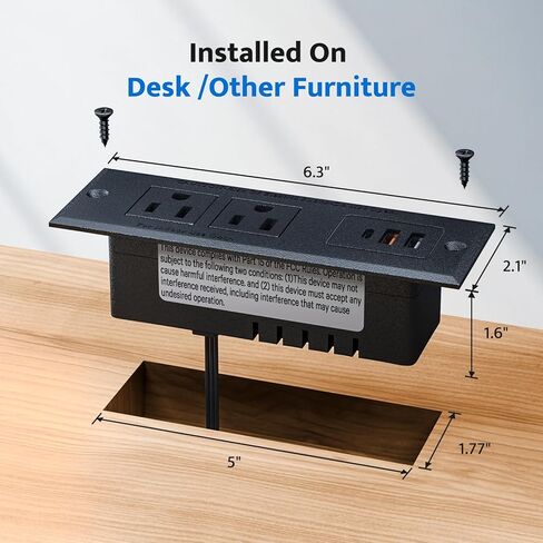 شريط طاقة مجوف مع 2 منافذ تيار متردد و3 منافذ USB، ومنفذ مكتب مثبت على الأثاث للشحن السريع، ومنفذ مخفي لطاولة المؤتمرات، ومنضدة، أسود، 6 أقدام. in Kuwait