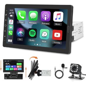 10.1 inch Single Din Car Stereo with CarPlay and Android Auto, 10 inch Detachable Touch Screen 1 Din Radio with Mirror Link/EQ Audio/1080P/SWC/Bluetooth +Backup Camera