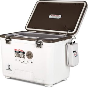 Engel 19qt Live Bait Cooler Box with 2nd Gen 2-Speed Portable Aerator Pump. Fishing Bait Station and Minnow Bucket for Shrimp, Minnows, and Other Live Bait - ENGLBC19-N in White