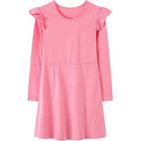 HILEELANG Girl Long Sleeve Dress Ruffle Solid Color Cotton Casual Tiered Pleated Twirly Dress