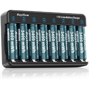 Rechargeable AA Lithium Batteries with Charger, 8Pack Li-ion Double a Batteries, 1.5V 3400mWh High Capacity, Cycle Times Over 1000+