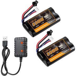 7.4V Li-ion Battery 3300mAh High Capacity RC Battery with SM-2P Plug 2S Rechargeable Battery with 1 to 2 USB Charger Fit for MN WPL RC Car Trucks and RC Boats H101 Battery