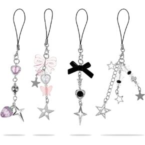 4 Pcs Cute Phone Charms Aesthetic Y2K Phone Keychain Strawberry Butterfly Star Heart Phone Charms Strap Cell Phone Charms for Phone Case Bag Purse Keychain Camera Decor