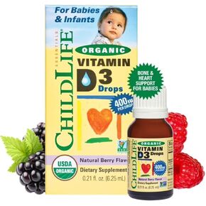 CHILDLIFE ESSENTIALS Organic Vitamin D3 Drops - Vitamin D Drops for Infants, Baby Vitamin D Drops, Kids Liquid Vitamin D for Newborns, 400 IU Per Drop - No Flavor, 0.21 Fl Oz (2 Pack)