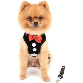 SMALLLEE_LUCKY_STORE Bowtie Small Dog Tuxedo Harness for Puppy Boy, Adjustable Soft Mesh Cat Harness Vest Leash Set Black S