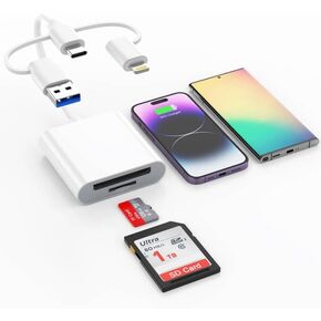 USB C SD Card Reader for iPhone 15/iPad/MacBook/Mac, Digital Camera Adapter iPhone, Memory Card Reader with Dual Slot for SD and TF Card Micro SD Card Adapter, USB-C/A & Lightning Trail Camera Viewer