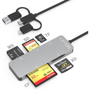 محول Memory Stick pro Duo لأجهزة iPhone - 6 في 1 SD/TF/M2/CF/MS/XD قارئ بطاقات للكمبيوتر/iPhone/USB C، الألومنيوم Lightning+USB A+USB C محول Memory Stick pro Duo يدعم Micro SD/SDHC /XD in Kuwait