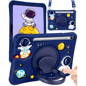 for iPad 9th/8th/7th Generation Case 10.2 Inch Boys Cute Astronaut Cover Kawaii 3D Cartoon Spacemen with Rotating Handle Stand+Strap Soft Silicone Funda for Apple iPad Cases 9th/8th/7th Gen