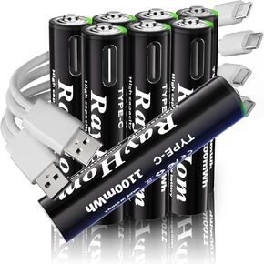 USB Rechargeable Lithium Batteries AAA - 8-Pack Triple A Batteries, Rechargeable AAA Li-ion Battery with 2 USB-C 2-in-1 Charging Cable, 1.5V 1100mWh, Charges 1 Hours, Over 1000+ Cycles