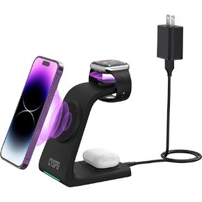Magnetic Wireless Charging Station, 3 in 1 Wireless Charging Stand, Fast Wireless Charger Compatible with iPhone 15/14/13/12 Series, Apple Watch, AirPods Pro/3/2 (Cable and Wall Charger Included)