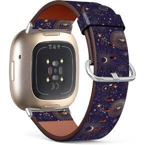 Compatible with Fitbit Versa 4 / Versa 3 / Sense 2 / Sense Patterned Leather Replacement Band (Star Sun Moon and Eyes Constellation)