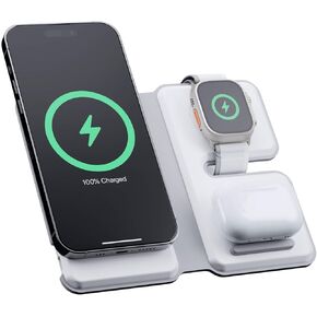 3-in-1 Wireless Charger, 15W Foldable Fast Charging for Phone, Watch, Earpbuds Trio Travel, Wireless Charger Stand, MagSafe iPhone 15/14/13/12 Series & iWatch & AirPods