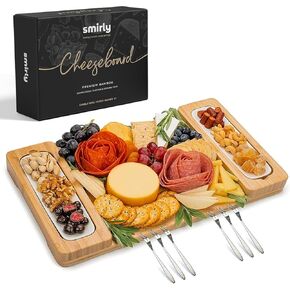 SMIRLY Bamboo Cheese Board Set - Large Wooden Charcuterie Boards - Unique Housewarming Gift - Appetizer & Cheese Platter, Meat and Cheese Tray, Wood Serving Board