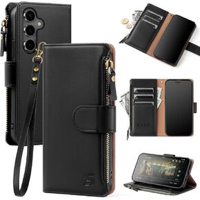 for Samsung Galaxy S24 FE 5G Wallet Case with Card Holder,Women Men RFID Blocking PU Leather Flip Cover Wrist Strap Zipper Credit Card Slots,Phone Case for Galaxy S24 FE 5G,Wine Red