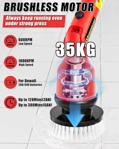 Electric Spin Scrubber for DeWalt 20V Battery(Battery NOT Included), 1000 RPM Battery Powered Scrubber with Adjustable Extension Arm & 8 Brushes & Hook Gloves for Tub/Tile/Floor in Kuwait