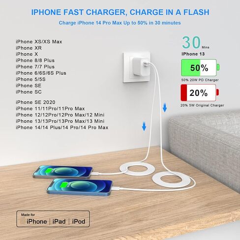 شاحن iPhone سريع، [معتمد من Apple MFi] 2 حزمة 20 واط 40 واط مزدوج USB C شاحن جداري مع كابل مزامنة بيانات شحن سريع بطول 10 أقدام من النوع C إلى Lightning لهاتف iPhone 14 13 12 11 Pro Max XS XR X 8 iPad in Kuwait
