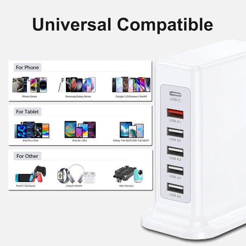 محطة شحن لأجهزة متعددة 55 وات، شاحن حائط بلوك 6 منافذ USB، محور شحن USB ذكي IC، برج شاحن مع Type-C 3A لأجهزة iPhone/الأجهزة اللوحية/الهواتف الذكية، واستخدام المكتب المنزلي in Saudi Arabia