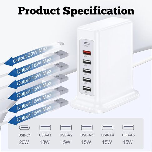 محطة شحن لأجهزة متعددة 55 وات، شاحن حائط بلوك 6 منافذ USB، محور شحن USB ذكي IC، برج شاحن مع Type-C 3A لأجهزة iPhone/الأجهزة اللوحية/الهواتف الذكية، واستخدام المكتب المنزلي in Saudi Arabia