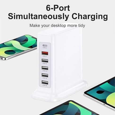 محطة شحن لأجهزة متعددة 55 وات، شاحن حائط بلوك 6 منافذ USB، محور شحن USB ذكي IC، برج شاحن مع Type-C 3A لأجهزة iPhone/الأجهزة اللوحية/الهواتف الذكية، واستخدام المكتب المنزلي in Saudi Arabia