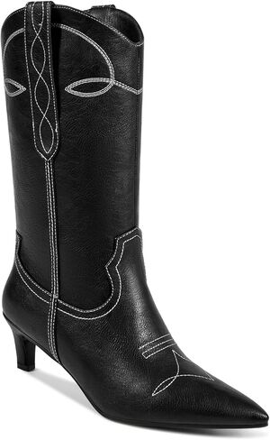 أحذية رعاة البقر الغربية من ويت كيس للنساء أحذية راعية البقر للنساء أحذية مطرزة لمنتصف الساق مع كعب قطط قصير ومقدمة مدببة in Kuwait