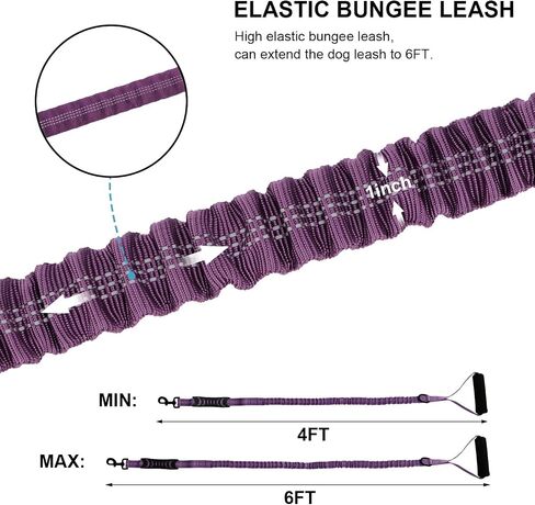 6FT Heavy Duty Elastic Bungee Dog Leash with Reflective & Dual Padded Handles - Shock-Absorbing Training Leash for Strong Pullers, Adjustable 4-6FT Tactical Leash for Medium/Large Dogs（Black） in Saudi Arabia