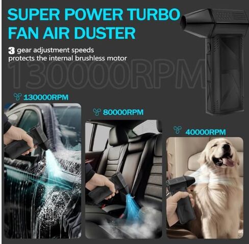 Portable Compressed Air Duster - 130,000RPM Electric Air Duster, 3 Gear Adjustable Jet Blower,Rechargeable Air Duster for Home,Car,Computer Keyboard, Home Cleaning, Black in Saudi Arabia