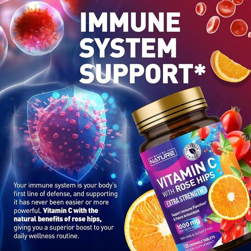Built by Nature Chewable Vitamin C with Rose HIPS - 1000mg Immune Support Supplement - Non-GMO, Gluten-Free, Vegan - Powerful Antioxidant for Energy & Collagen Boost - Orange Flavor – 120 Tablets in Kuwait