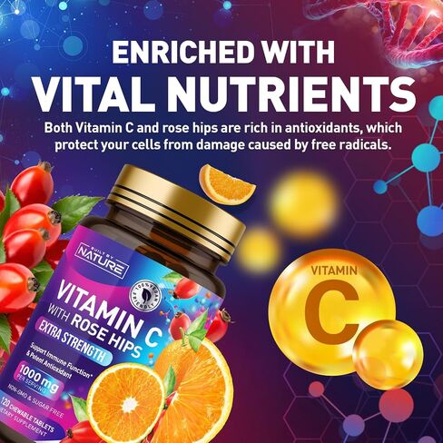 Built by Nature Chewable Vitamin C with Rose HIPS - 1000mg Immune Support Supplement - Non-GMO, Gluten-Free, Vegan - Powerful Antioxidant for Energy & Collagen Boost - Orange Flavor – 120 Tablets in Kuwait