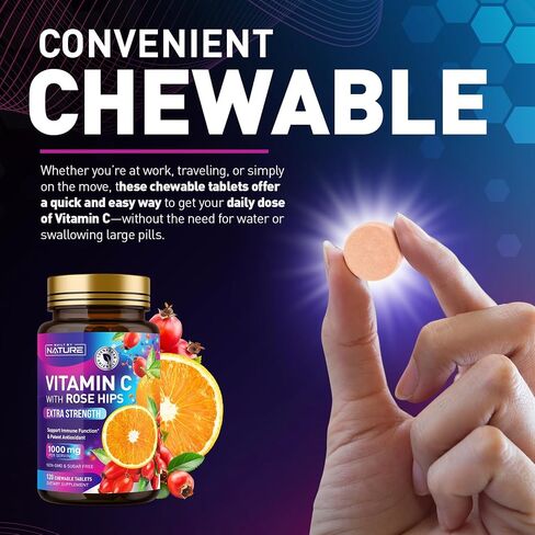 Built by Nature Chewable Vitamin C with Rose HIPS - 1000mg Immune Support Supplement - Non-GMO, Gluten-Free, Vegan - Powerful Antioxidant for Energy & Collagen Boost - Orange Flavor – 120 Tablets in Kuwait