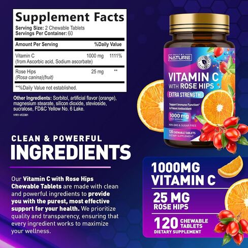 Built by Nature Chewable Vitamin C with Rose HIPS - 1000mg Immune Support Supplement - Non-GMO, Gluten-Free, Vegan - Powerful Antioxidant for Energy & Collagen Boost - Orange Flavor – 120 Tablets in Kuwait