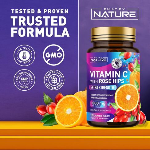 Built by Nature Chewable Vitamin C with Rose HIPS - 1000mg Immune Support Supplement - Non-GMO, Gluten-Free, Vegan - Powerful Antioxidant for Energy & Collagen Boost - Orange Flavor – 120 Tablets in Kuwait
