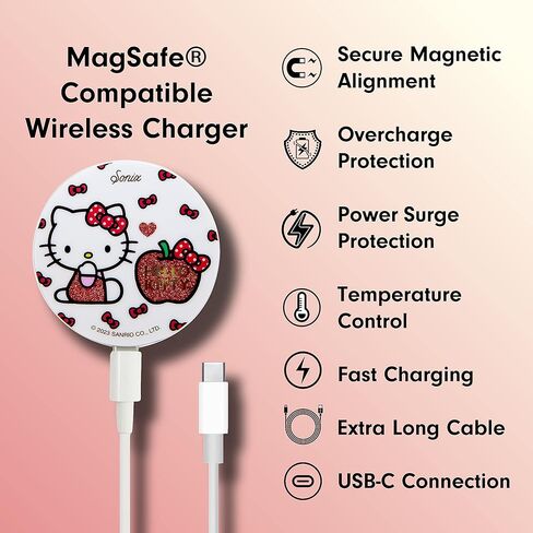شاحن Sonix x Sanrio لسلسلة MagSafe iPhone 14 وiPhone 13 وiPhone 12 | شاحن لاسلكي سريع × كابل 6.5 قدم (USB-C) | مرحبا كيتي التفاح in Kuwait