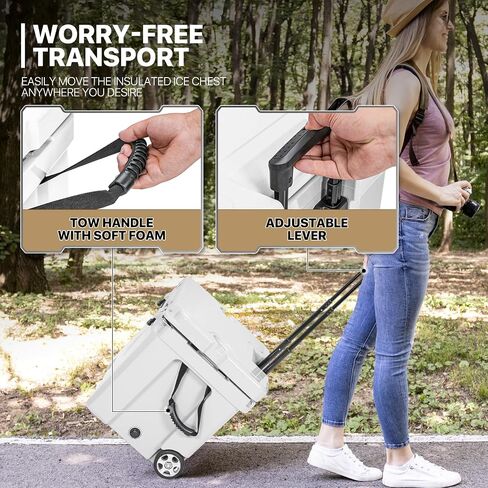 MADOG Cooler with Wheels, Leak-Proof Rolling Hard Cooler for 5-7 Days Ice Retention, LLDPE Wheeled Coolers, Adjustable Length Handle, for Fishing, Camping, Boating and Traveling in Saudi Arabia