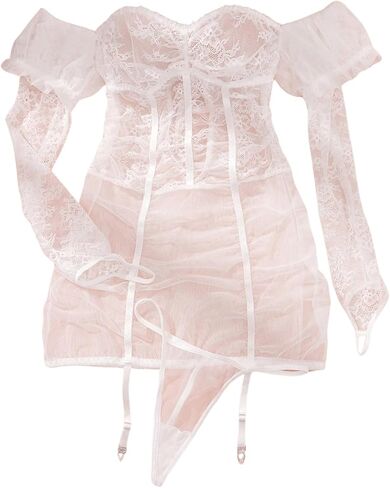 WDIRARA Women's 3 Piece Classic Sexy Lingerie Sets One Shoulder Long Sleeve Lace Mesh Sexy Lingerie Set in Saudi Arabia