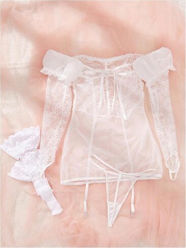 WDIRARA Women's 3 Piece Classic Sexy Lingerie Sets One Shoulder Long Sleeve Lace Mesh Sexy Lingerie Set in Saudi Arabia