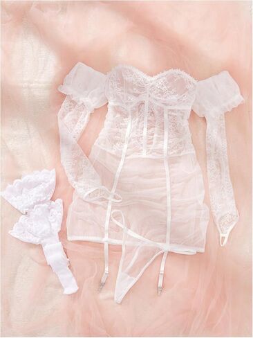 WDIRARA Women's 3 Piece Classic Sexy Lingerie Sets One Shoulder Long Sleeve Lace Mesh Sexy Lingerie Set in Saudi Arabia