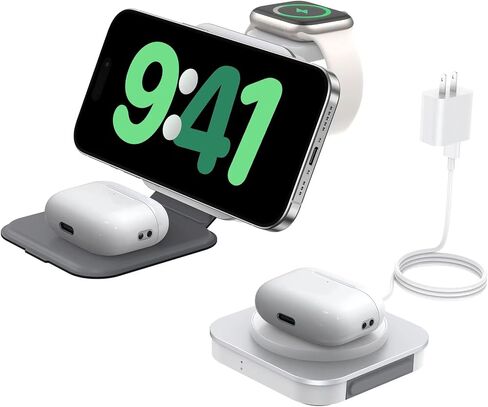 3 in 1 Wireless Charger for MagSafe, Magnetic Foldable Travel Fast Charging Station Pad for Apple Devices iPhone 15/14/13/12 Series, AirPods Pro/3/2 & Apple Watch/Ultra (5W)-White+Silver in Saudi Arabia