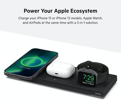 Belkin MagSafe 3-in-1 Wireless Charging Pad - Fast Charging for Apple Watch, iPhone 16, 15, 14 Series, AirPods, & More - MagSafe Charging Station for Multiple Devices - Black (Certified Refurbished) in Saudi Arabia