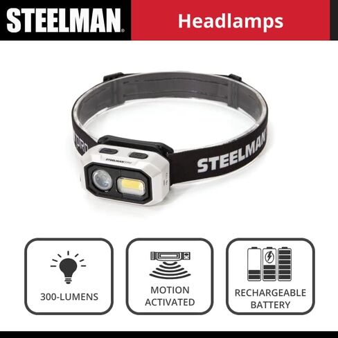 Steelman Pro 300 Lumen Hands-Free Motion-Activated LED Rechargeable Headlamp for Workshop or Outdoors, Spotlight and Area Light Modes, Removable Light, Fully Adjustable Headband in Kuwait