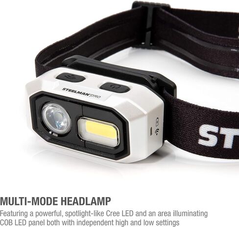 Steelman Pro 300 Lumen Hands-Free Motion-Activated LED Rechargeable Headlamp for Workshop or Outdoors, Spotlight and Area Light Modes, Removable Light, Fully Adjustable Headband in Kuwait