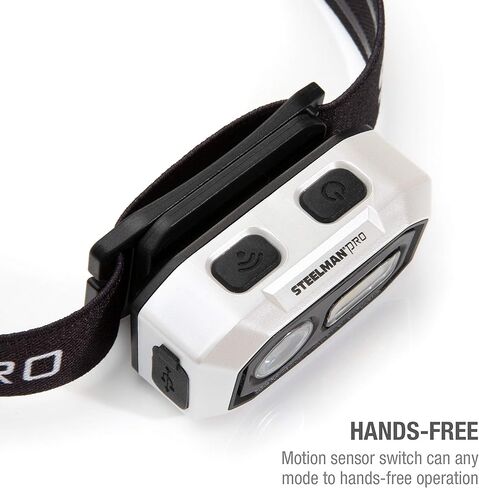Steelman Pro 300 Lumen Hands-Free Motion-Activated LED Rechargeable Headlamp for Workshop or Outdoors, Spotlight and Area Light Modes, Removable Light, Fully Adjustable Headband in Kuwait