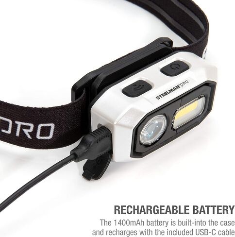 Steelman Pro 300 Lumen Hands-Free Motion-Activated LED Rechargeable Headlamp for Workshop or Outdoors, Spotlight and Area Light Modes, Removable Light, Fully Adjustable Headband in Kuwait