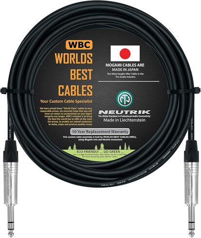WORLDS BEST CABLES 20 Foot - Balanced TRS Patch Cable CUSTOM MADE using Mogami 2549 (Black) wire and Neutrik NP3X Silver TRS Stereo Plugs in Saudi Arabia
